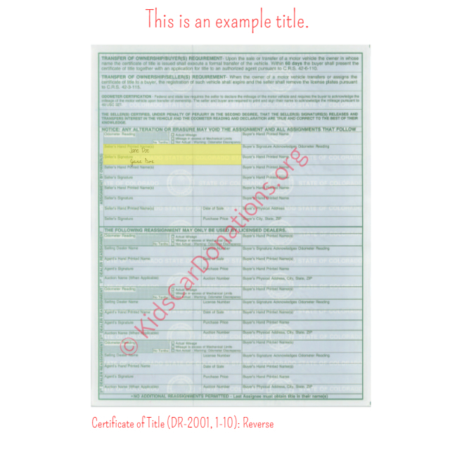 This is an Example of Colorado Certificate of Title (DR-2001, 1-10) Reverse View | Kids Car Donations